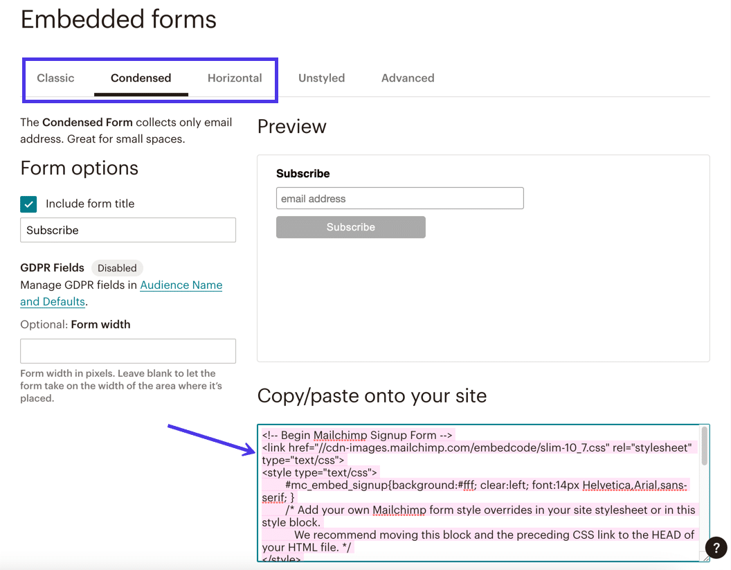 Concevez un formulaire dans la section Formulaires intégrés, puis copiez le code pour le transférer vers un widget WordPress