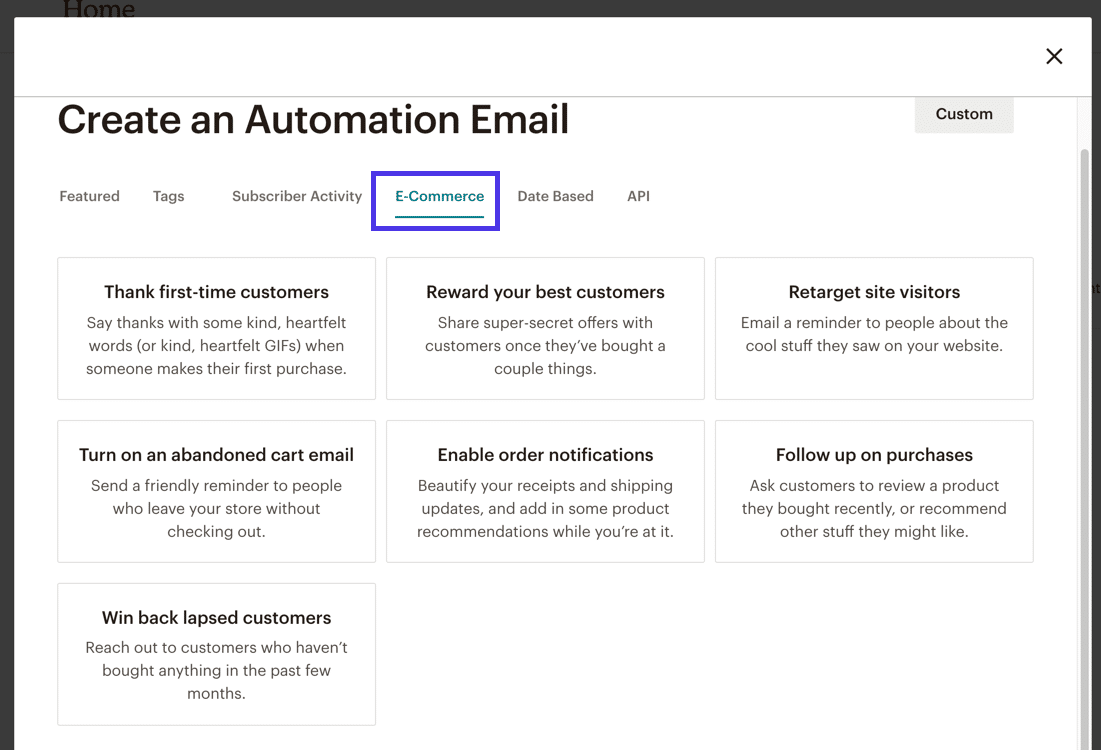 Envisagez des automatisations telles que remercier les nouveaux clients, suivre les achats et recibler les visiteurs du site