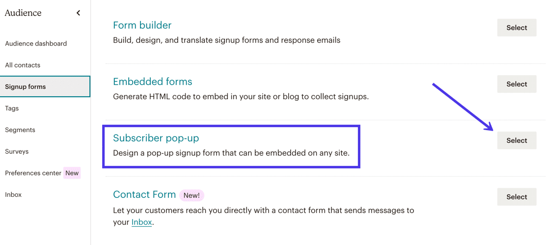 Choisissez l'option Pop-up abonné pour générer et personnaliser des formulaires pop-up