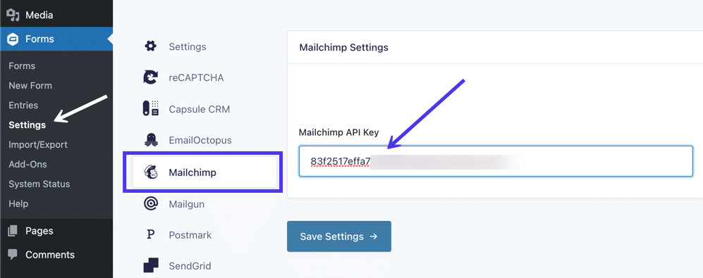 Accédez à Paramètres> Mailchimp sous Gravity Forms pour coller votre clé API Mailchimp