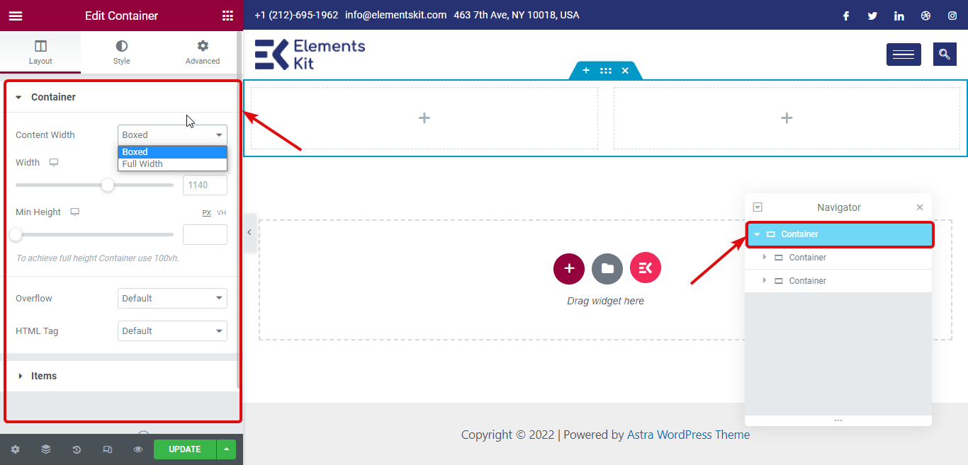 paramètres de conteneur du conteneur elementor flexbox