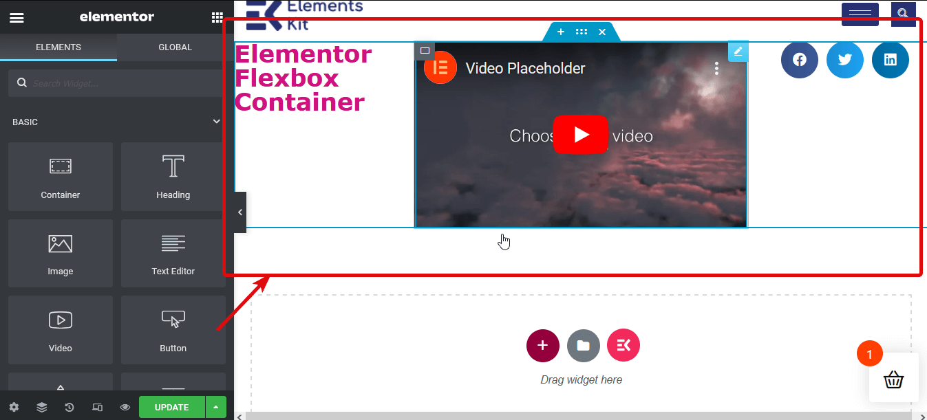 ajouter des widgets au conteneur du conteneur elementor flexbox