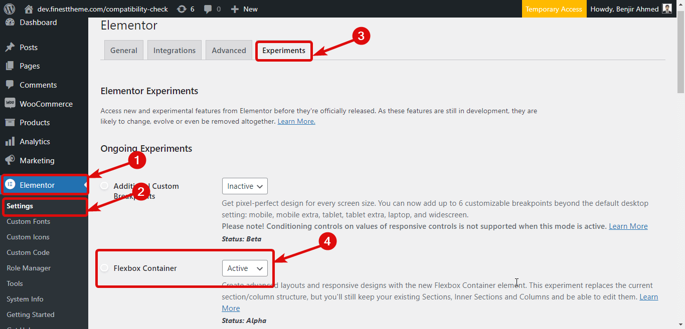 activer le conteneur flexbox à partir des paramètres des expériences