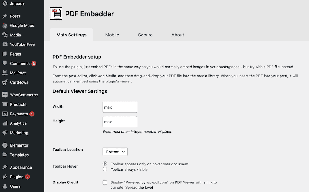 หน้าการตั้งค่า PDF Embedder