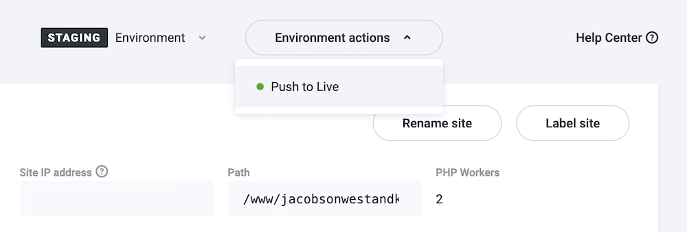 The MyKinsta dashboard showing a partial settings panel, and the full Environment action dropdown menu, with the Push to Live option highlighted.