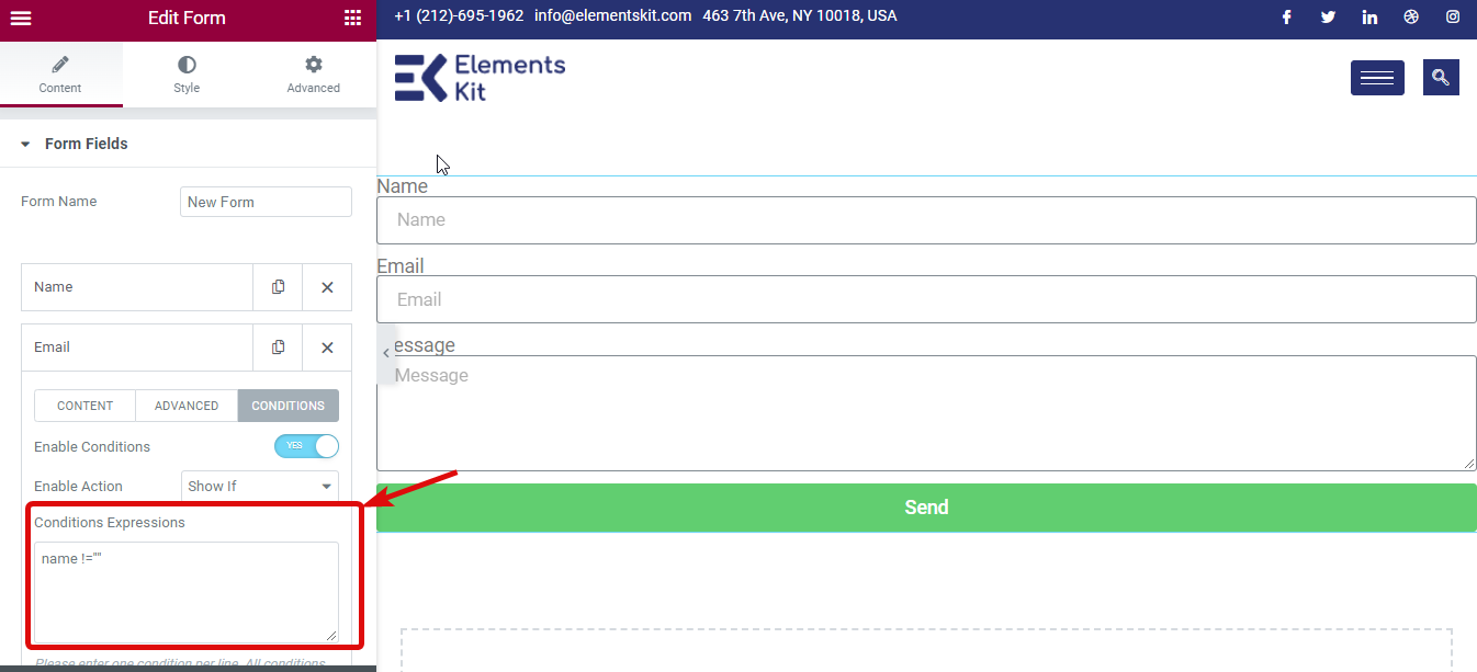 coller l'expression logique conditionnelle pour le formulaire elementor pro