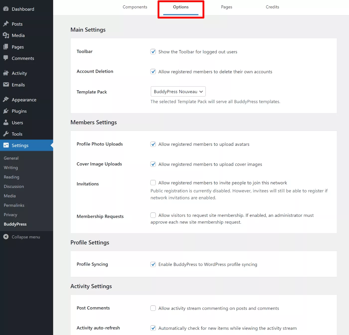 Options de BuddyPress