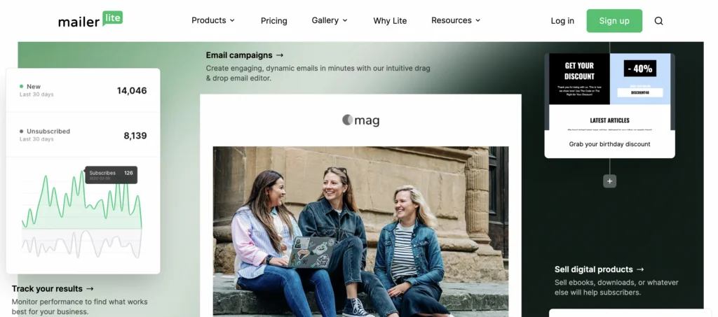 Captura de tela da página inicial do Mailerlite