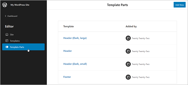 Partes do modelo do Editor de site.