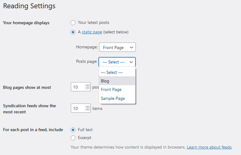 configurar a página de blog de negócios nas configurações de leitura do wordpress