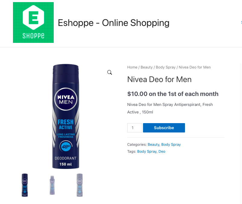 동기화된 구독 제품인 Nivea Deo의 제품 페이지.