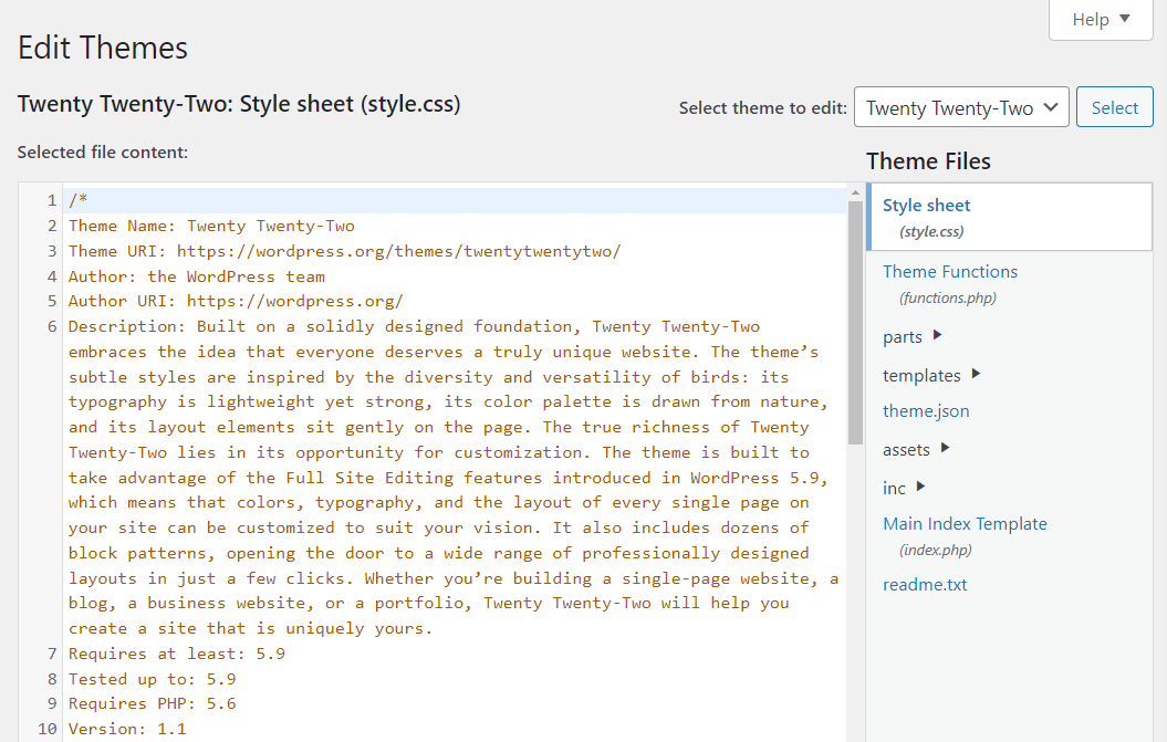 modifica di style.css con l'editor di file del tema