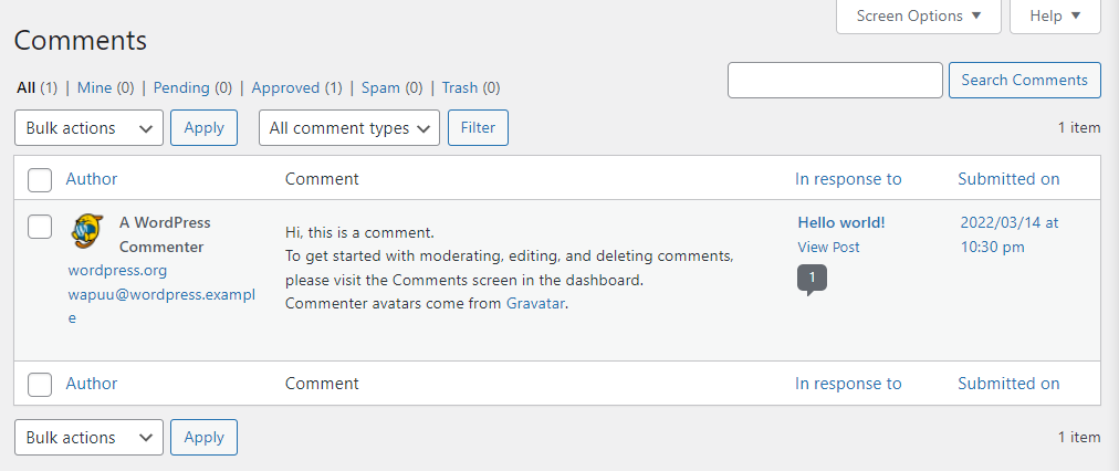 ein Kommentar, der im WordPress-Dashboard angezeigt wird