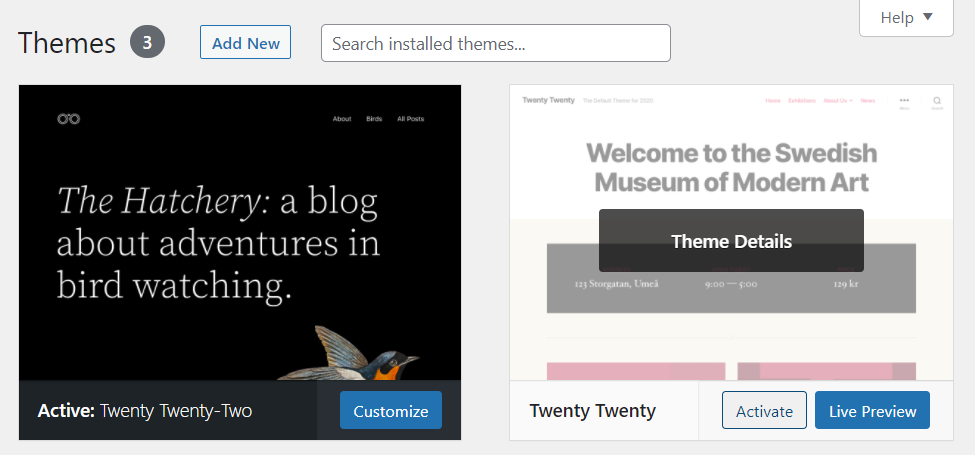 Aktivierung eines WordPress-Themes