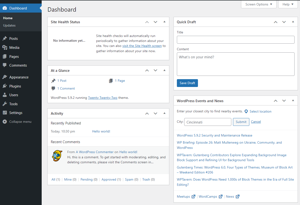 das standardmäßige WordPress-Dashboard