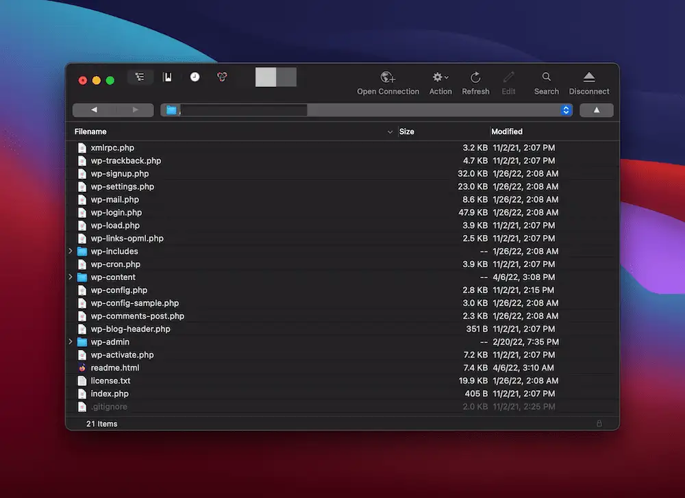 Der Cyberduck SFTP-Client zeigt WordPress-Dateien auf dem Server an.