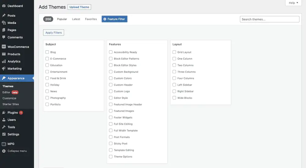 Der Funktionsfilter von WordPress, der alle Attribute anzeigt, nach denen Sie filtern können.