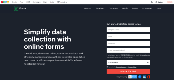 موقع ويب Zoho Forms.