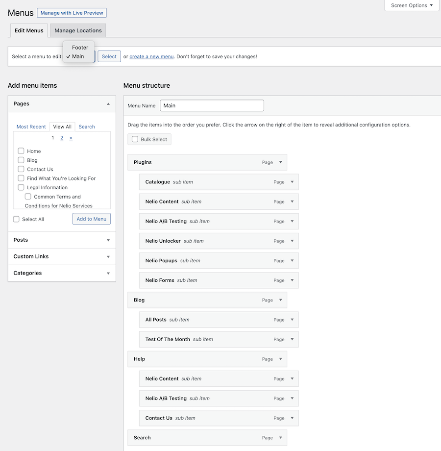 Ejemplo de menú definido con WordPress