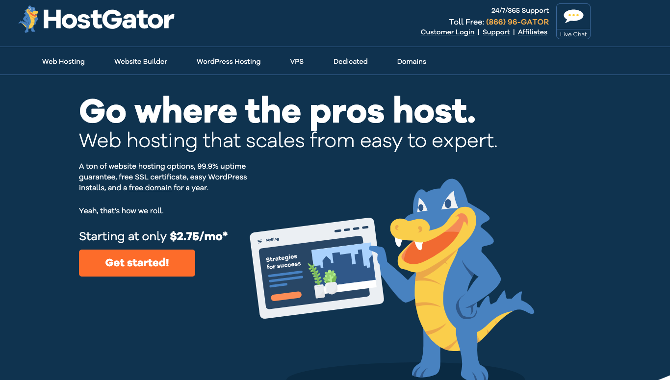 ภาพหน้าจอของหน้าแรกของ HostGator (ตัวเลือกการโฮสต์)