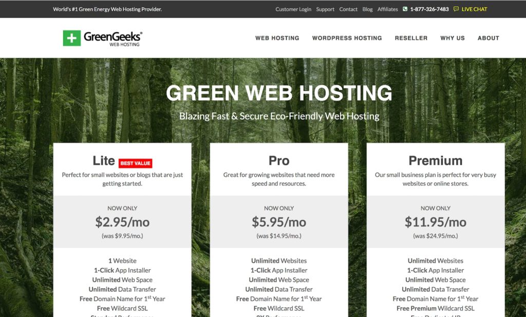 خطط استضافة GreenGeeks WordPress للمدونين (لقطة شاشة للصفحة الرئيسية)