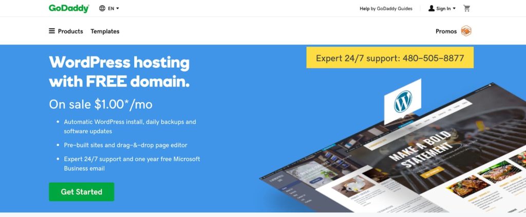 Plany hostingowe GoDaddy WordPress i bezpłatne opcje domeny (zrzut ekranu)