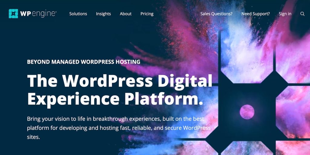 Plany hostingowe WP Engine WordPress i zrzut ekranu strony głównej