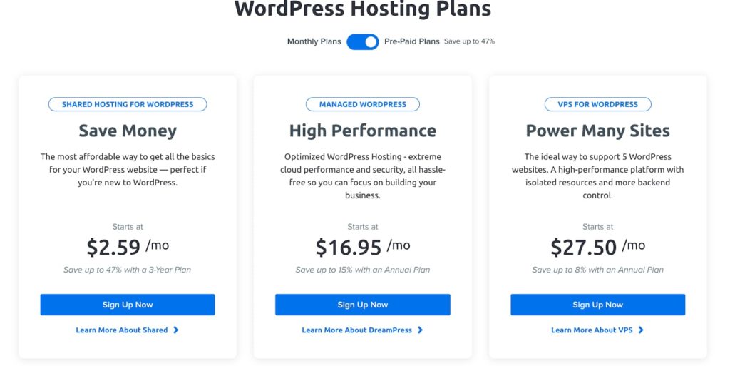 Tabla de planes de precios de Dreamhost (Gráfico)