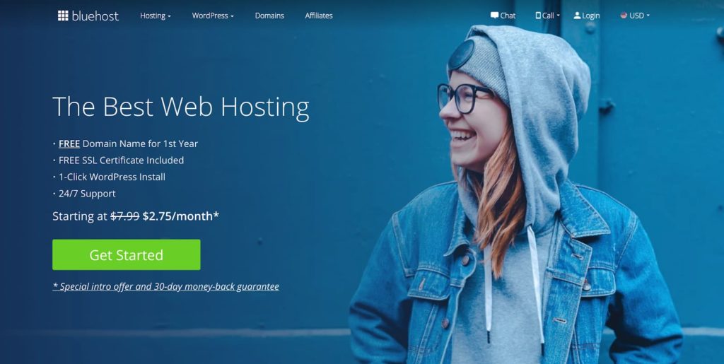 Paket Hosting WordPress oleh Bluehost untuk Blogger Baru (Tangkapan Layar Beranda)