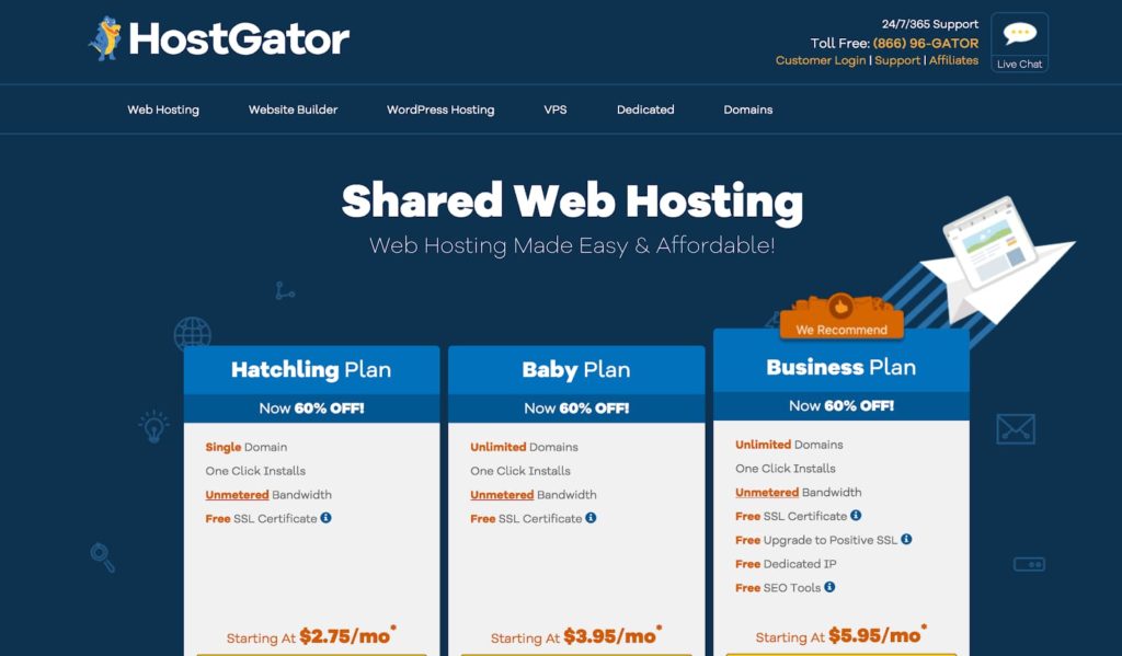 Хостинг-планы HostGator для WordPress (общий веб-хостинг) Снимок экрана