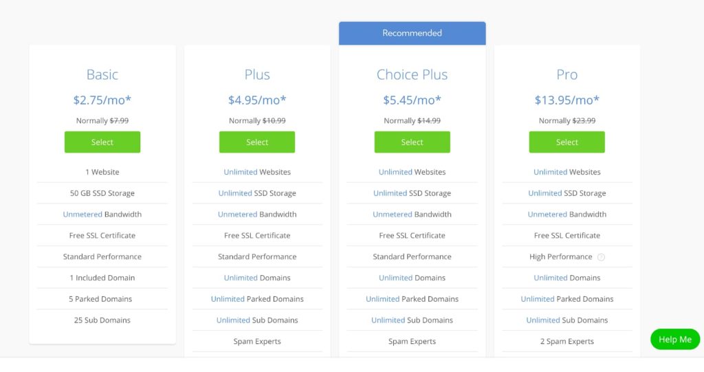 Plan de precios y opciones de alojamiento de WordPress de Bluehost (tabla y gráfico)