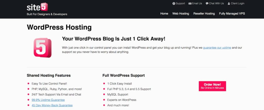 Site5 (ภาพหน้าจอหน้าแรก) แผนโฮสติ้ง WordPress สำหรับบล็อกเกอร์