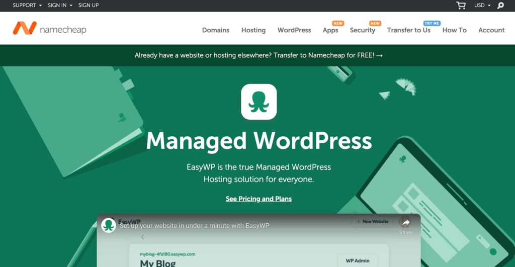 博客的 EasyWP WordPress 托管计划（由 Namecheap 提供） - 主页截图