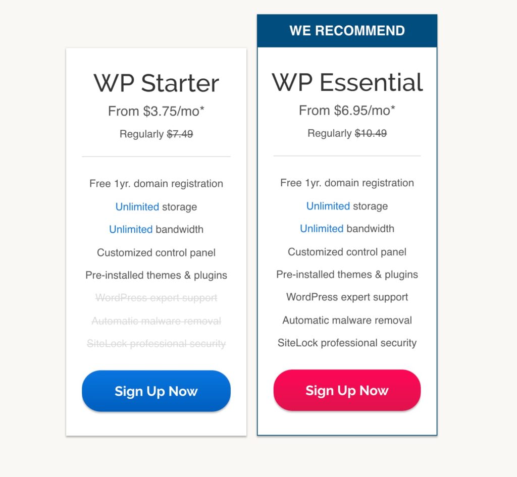 Aufschlüsselung der iPage WP Starter- und WP Essential-Preispläne (Screenshot)