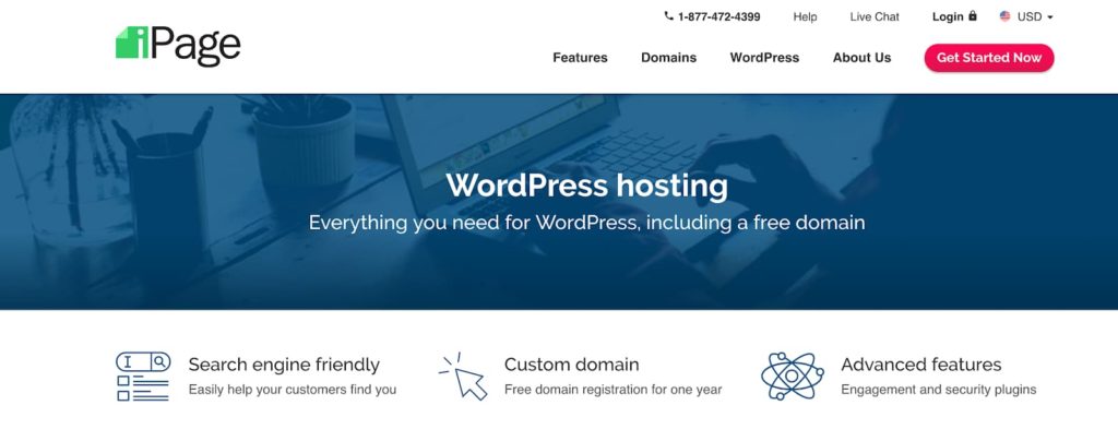 博客的 iPage WordPress 托管计划和功能（主页截图）