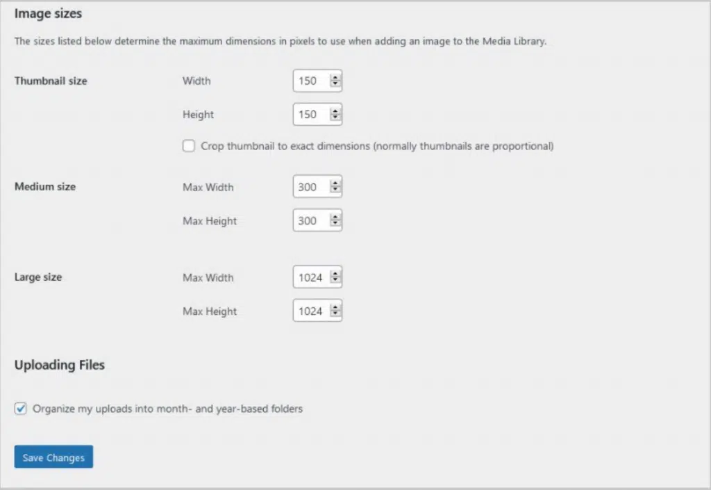 WordPress Featured image size settings page