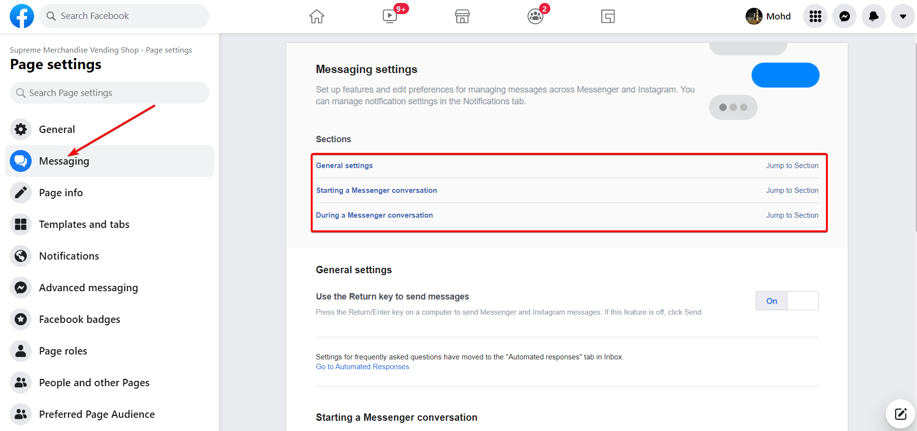 Kliknij opcję wiadomości dla czatbota Facebook Messenger