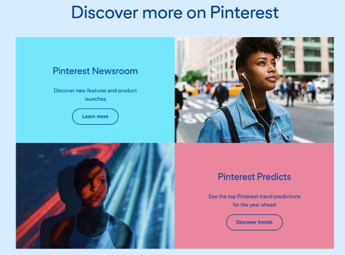 Sekcja odkrywania strony z najczęściej zadawanymi pytaniami na Pinterest