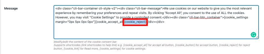 Cookie-Ablehnungs-Shortcode hinzufügen