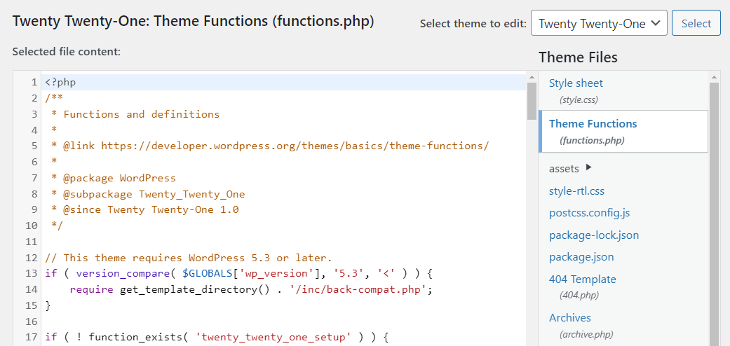 modificando il file functions.php nell'editor del tema