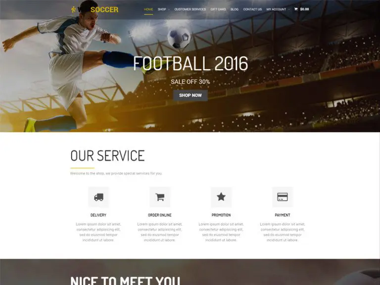 Tema Woocommerce Wordpress gratuito di Ws Soccer per lo sport