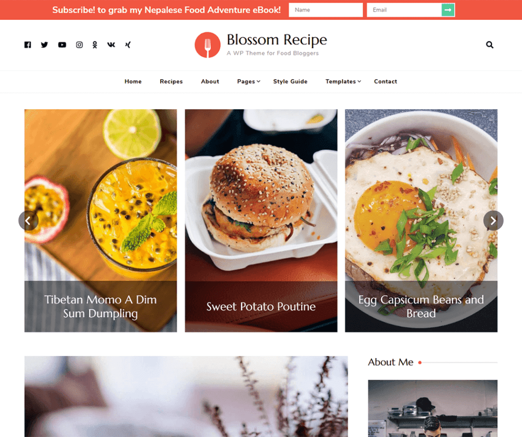 Blossom Recipe Tema gratuito de comida e bebida Wordpress