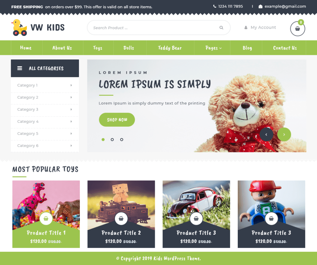 Tema WordPress gratuito per l'e-commerce di VW Kids