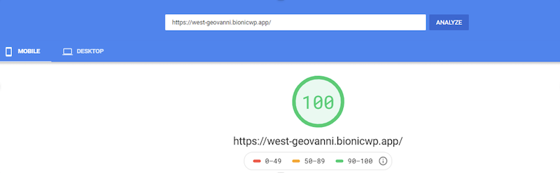 Velocità della pagina di Google di BionicWP