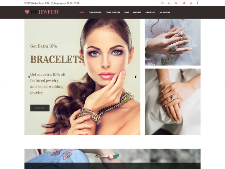 Tema Ws Jewelry Wordpress Woocommerce grátis para loja de diamantes