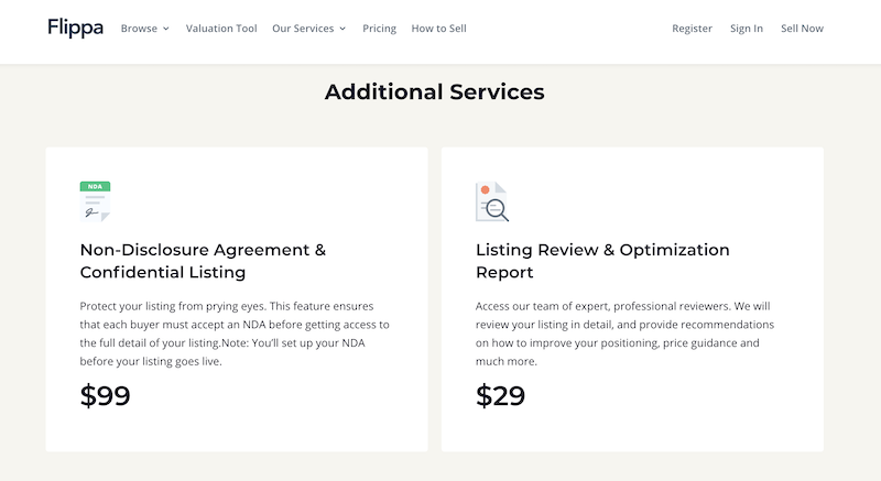 Тарифы Flippa на дополнительные услуги