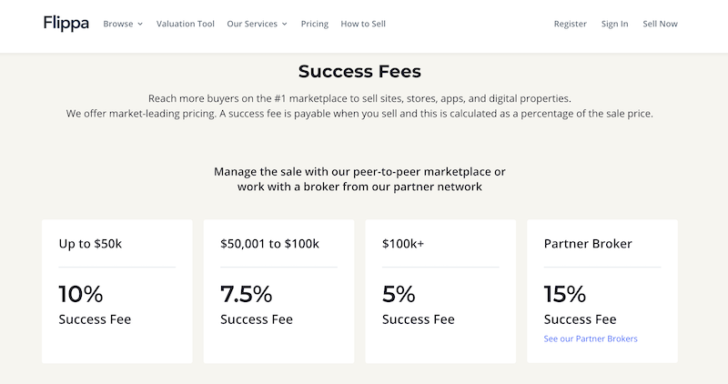 Flippa fiyatlandırma başarı ücretleri