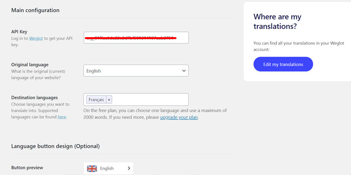 configuración de weglot