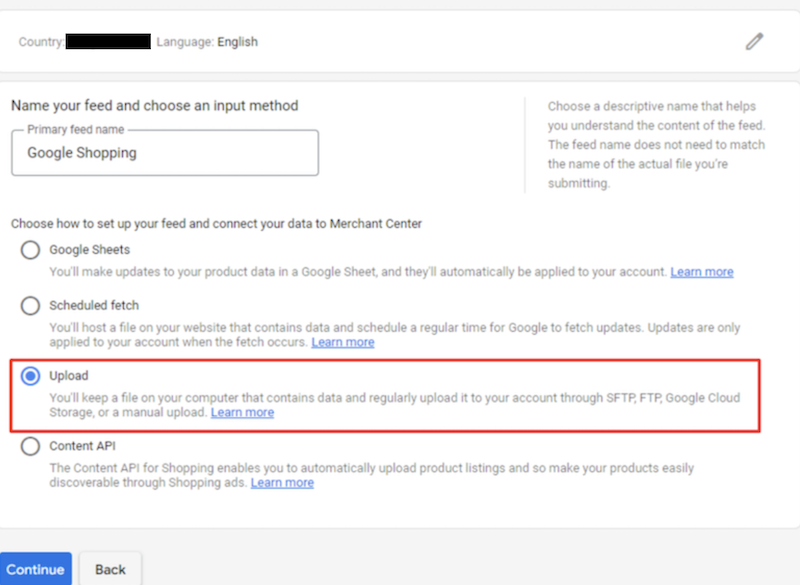 Google Shopping - Geben Sie Ihren Produkt-Feed-Namen ein und wählen Sie die Upload-Option