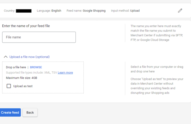 suba el archivo de fuente para Google Shopping Ads